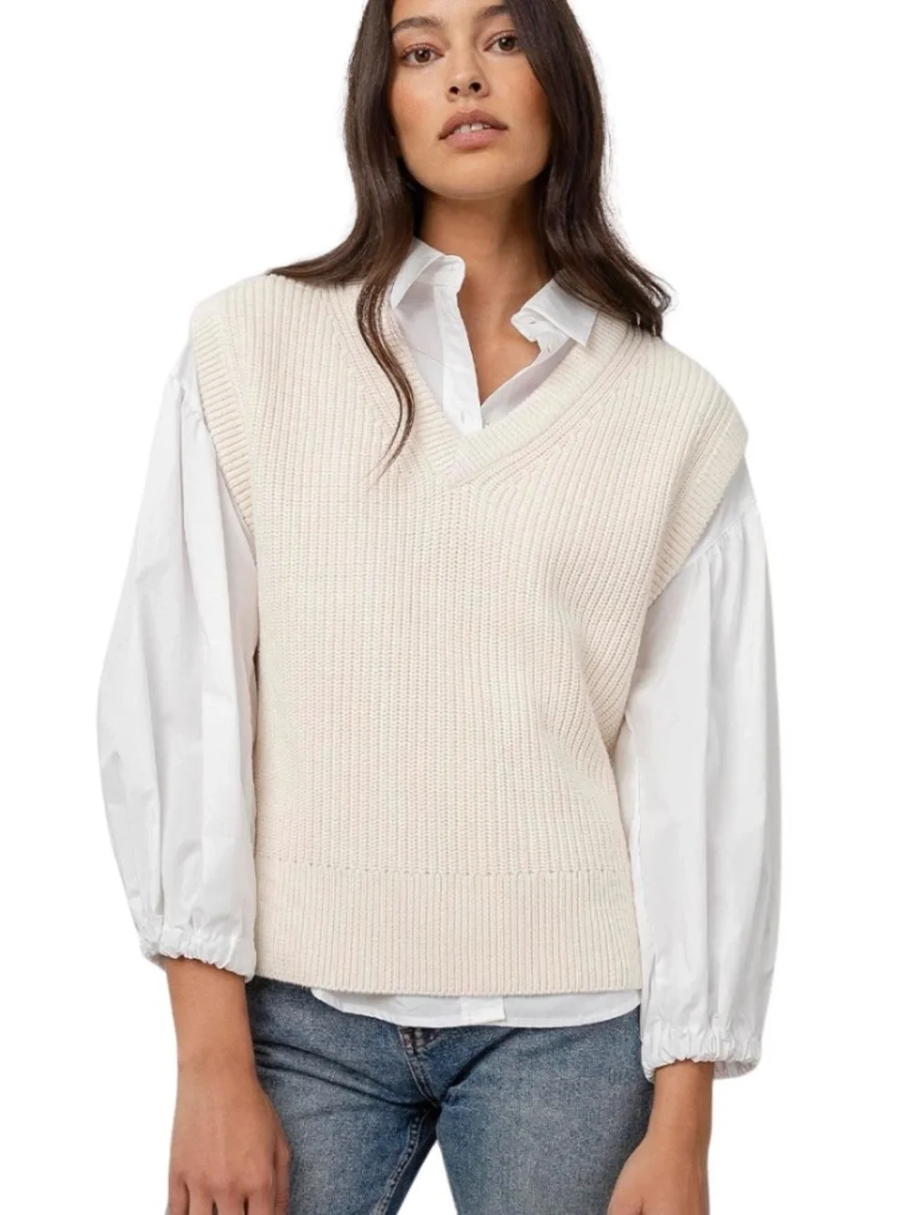 Rails Designer Chandler Classic Cotton/Cashmere Sweater Vest Cream Size Small